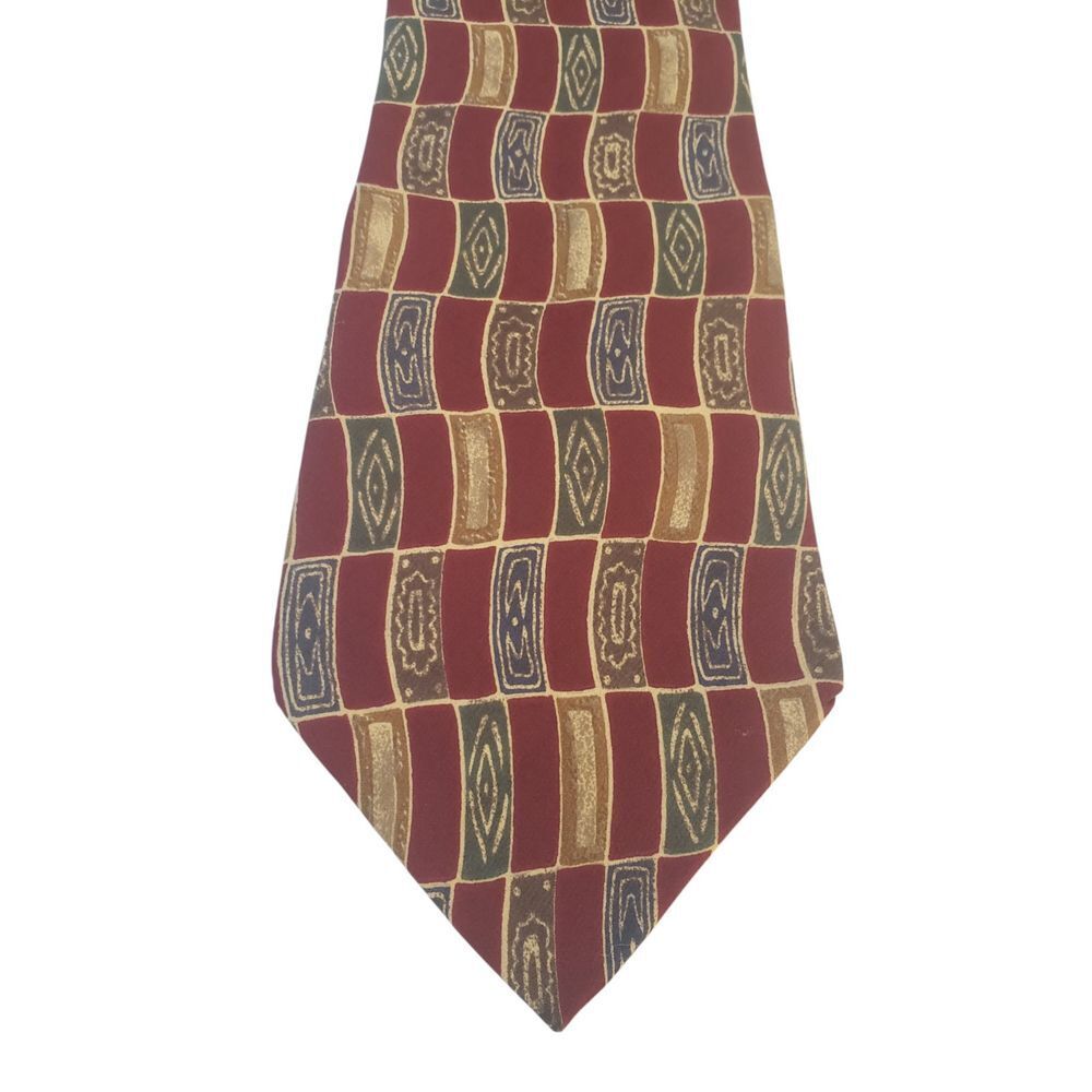 Karl Lagerfeld Mens Tie Necktie Designer Luxury Burgundy Tan Green Geometric‎